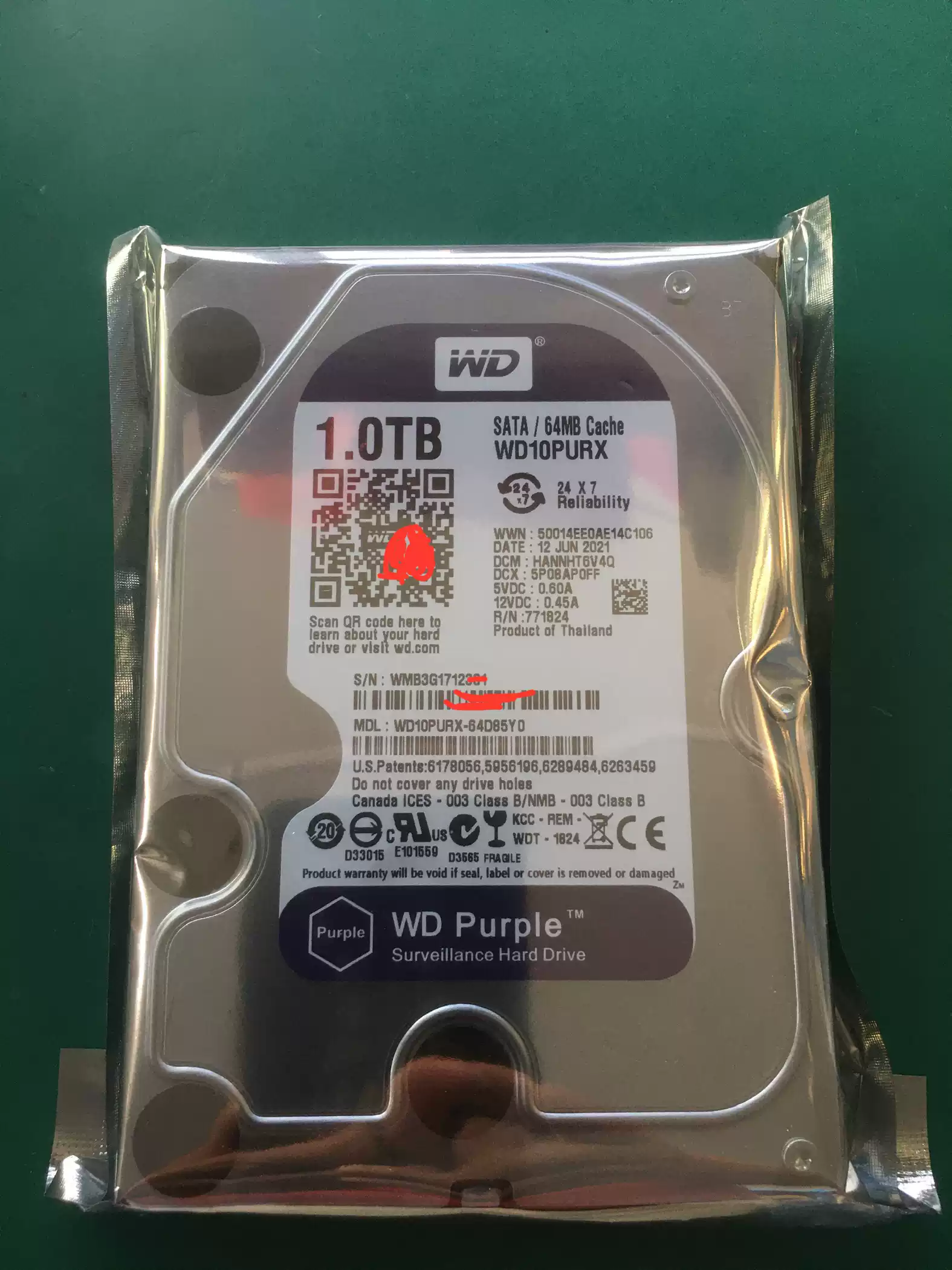 西部数据WD/WD10PURX 1T紫盘1TB监控录像机硬盘机械盘监控硬盘